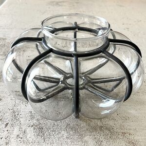 Vintage 8” Brutalist Caged Vase Votive Metal Cage Hand Blown Glass